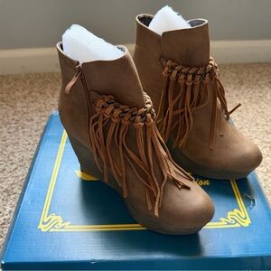 Sbicca Tan Fringe Ankle Booties